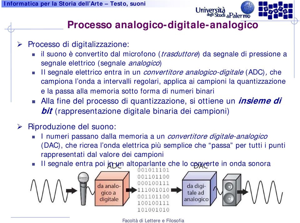 Alla fine del processo di quantizzazione, si ottiene un insieme di bit (rappresentazione digitale binaria dei campioni) Riproduzione del suono: I numeri passano dalla memoria a un convertitore