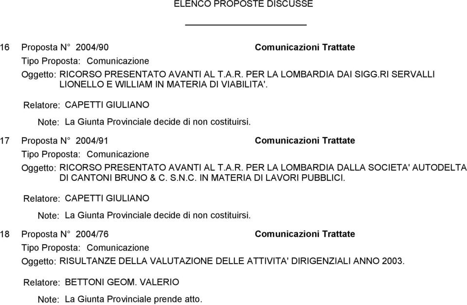 S.N.C. IN MATERIA DI LAVORI PUBBLICI. Relatore: CAPETTI GIULIANO Note: La Giunta Provinciale decide di non costituirsi.