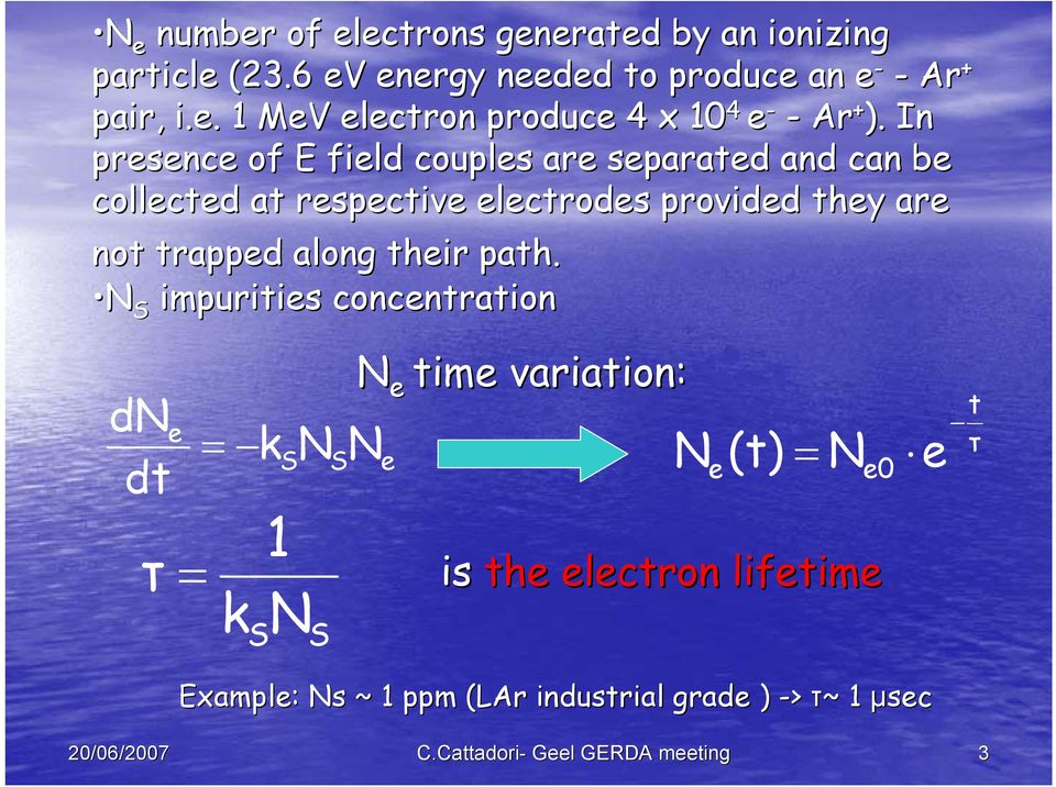 path. N S impurities concentration dn dt e τ = N e time variation: t = ksnsn τ e N e(t) = Ne0 e 1 k S N S is the electron lifetime
