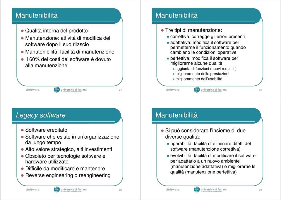 operative perfettiva: modifica il software per migliorarne alcune qualità aggiunta di funzioni (nuovi requisiti) miglioramento delle prestazioni miglioramento dell usabilità Software 21 Software 22