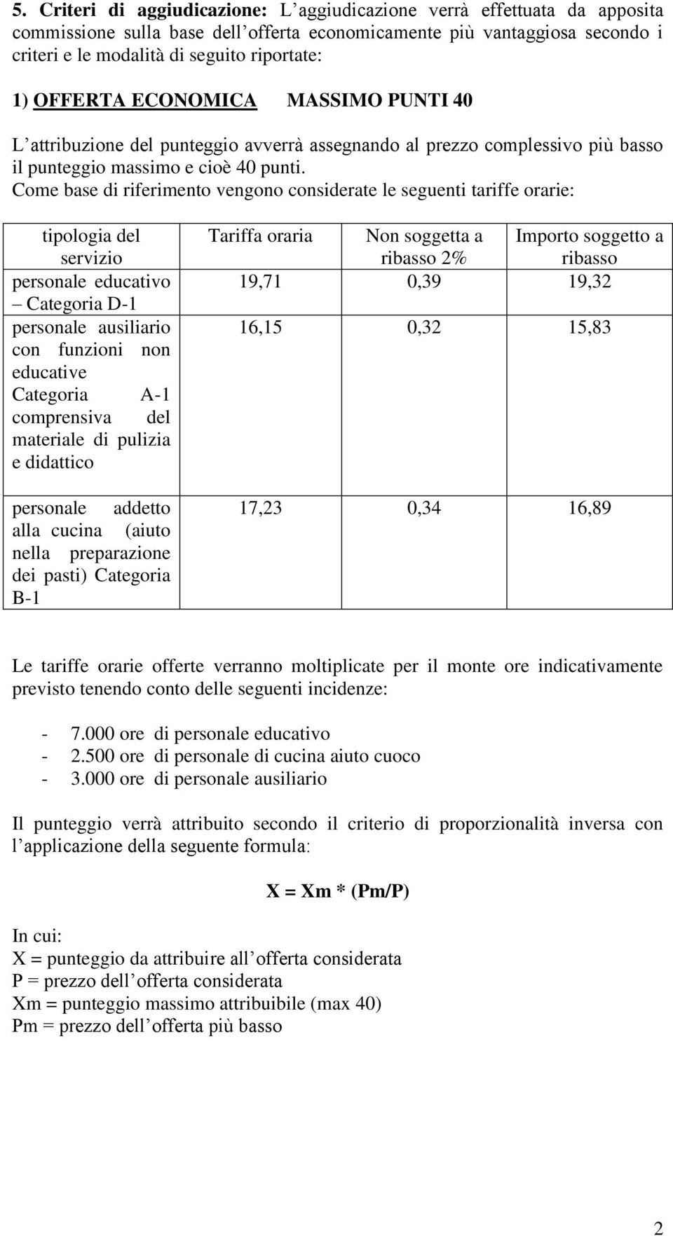 Come base di riferimento vengono considerate le seguenti tariffe orarie: tipologia del servizio personale educativo Categoria D-1 personale ausiliario con funzioni non educative Categoria A-1