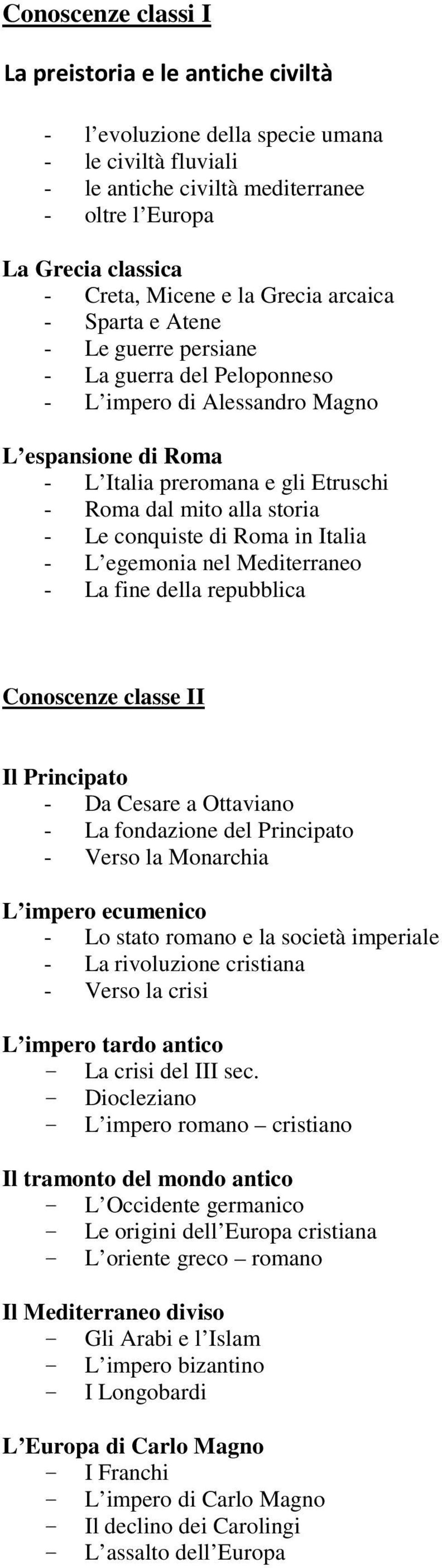 - Le conquiste di Roma in Italia - L egemonia nel Mediterraneo - La fine della repubblica Conoscenze classe II Il Principato - Da Cesare a Ottaviano - La fondazione del Principato - Verso la