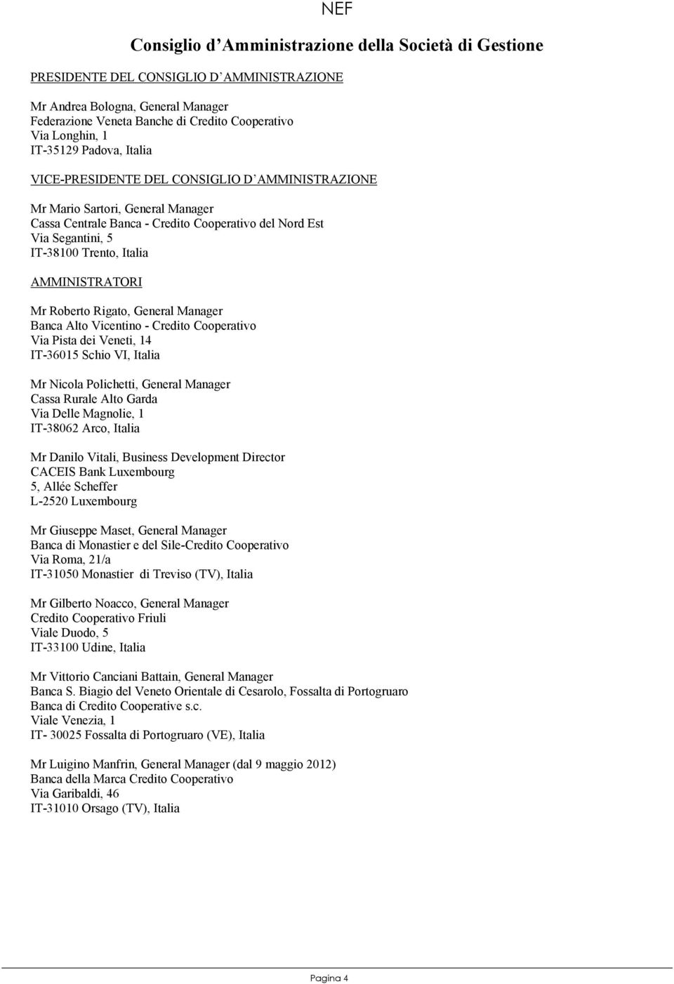 Italia AMMINISTRATORI Mr Roberto Rigato, General Manager Banca Alto Vicentino - Credito Cooperativo Via Pista dei Veneti, 14 IT-36015 Schio VI, Italia Mr Nicola Polichetti, General Manager Cassa
