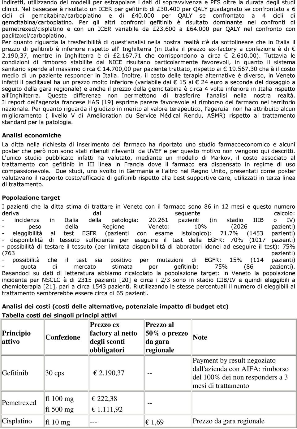 Per gli altri confronti gefitinib è risultato dominante nei confronti di pemetrexed/cisplatino e con un ICER variabile da 23.600 a 64.000 per QALY nel confronto con paclitaxel/carboplatino.