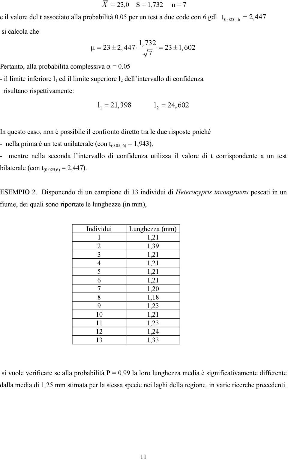 prima è u test uilaterale (co t (0.05, 6),943), - metre ella secoda l itervallo di cofideza utilizza il valore di t corrispodete a u test bilaterale (co t (0.05,6),447). ESEMPIO.