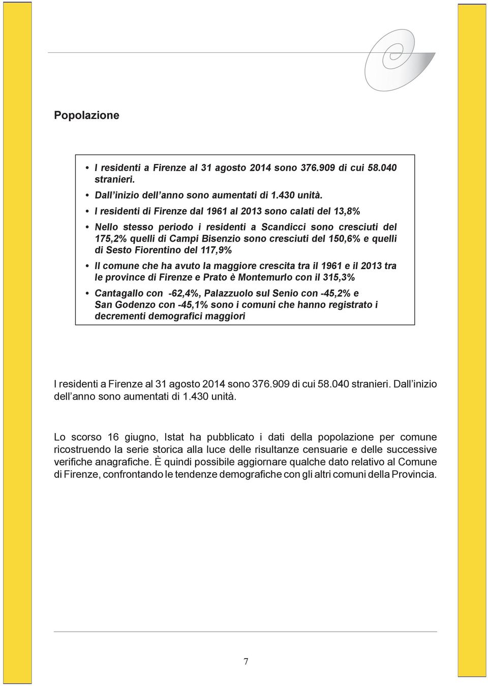 Sesto Fiorentino del 117,9% Il comune che ha avuto la maggiore crescita tra il 1961 e il 2013 tra le province di Firenze e Prato è Montemurlo con il 315,3% Cantagallo con -62,4%, Palazzuolo sul Senio