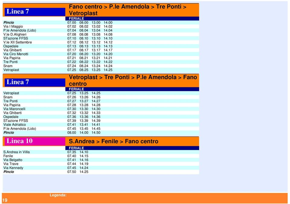 21 Tre Ponti 07.22 08.22 13.22 14.22 Snam 07.24 08.24 13.24 14.24 Vetroplast 07.25 08.25 13.25 14.25 Linea 7 Vetroplast 07.25 13.25 14.25 Snam 07.26 13.26 14.26 Tre Ponti 07.27 13.27 14.