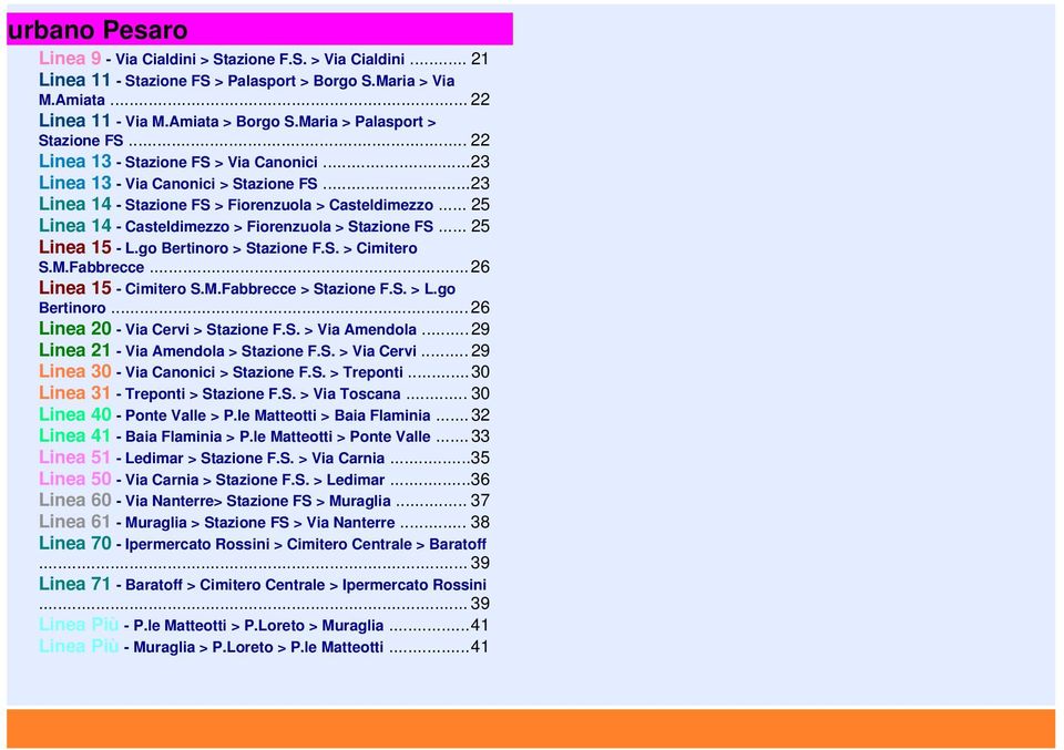 .. 25 Linea 14 - Casteldimezzo > Fiorenzuola > Stazione FS... 25 Linea 15 - L.go Bertinoro > Stazione F.S. > Cimitero S.M.Fabbrecce...26 Linea 15 - Cimitero S.M.Fabbrecce > Stazione F.S. > L.