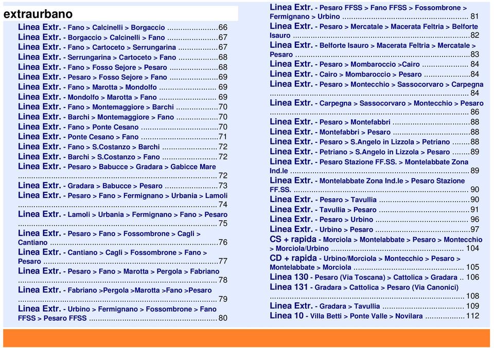 .. 69 Linea Extr. - Fano > Montemaggiore > Barchi...70 Linea Extr. - Barchi > Montemaggiore > Fano...70 Linea Extr. - Fano > Ponte Cesano...70 Linea Extr. - Ponte Cesano > Fano...71 Linea Extr.