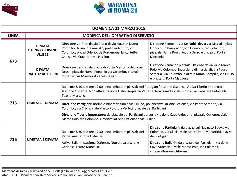 via Rho: da piazza di Porta Metronia devia via Druso, piazzale Numa Pompilio via Colombo, piazzale Ostiense, via Marmorata e via Galvani Direzione Zama: da via De Nobili devia via Massaia, piazza