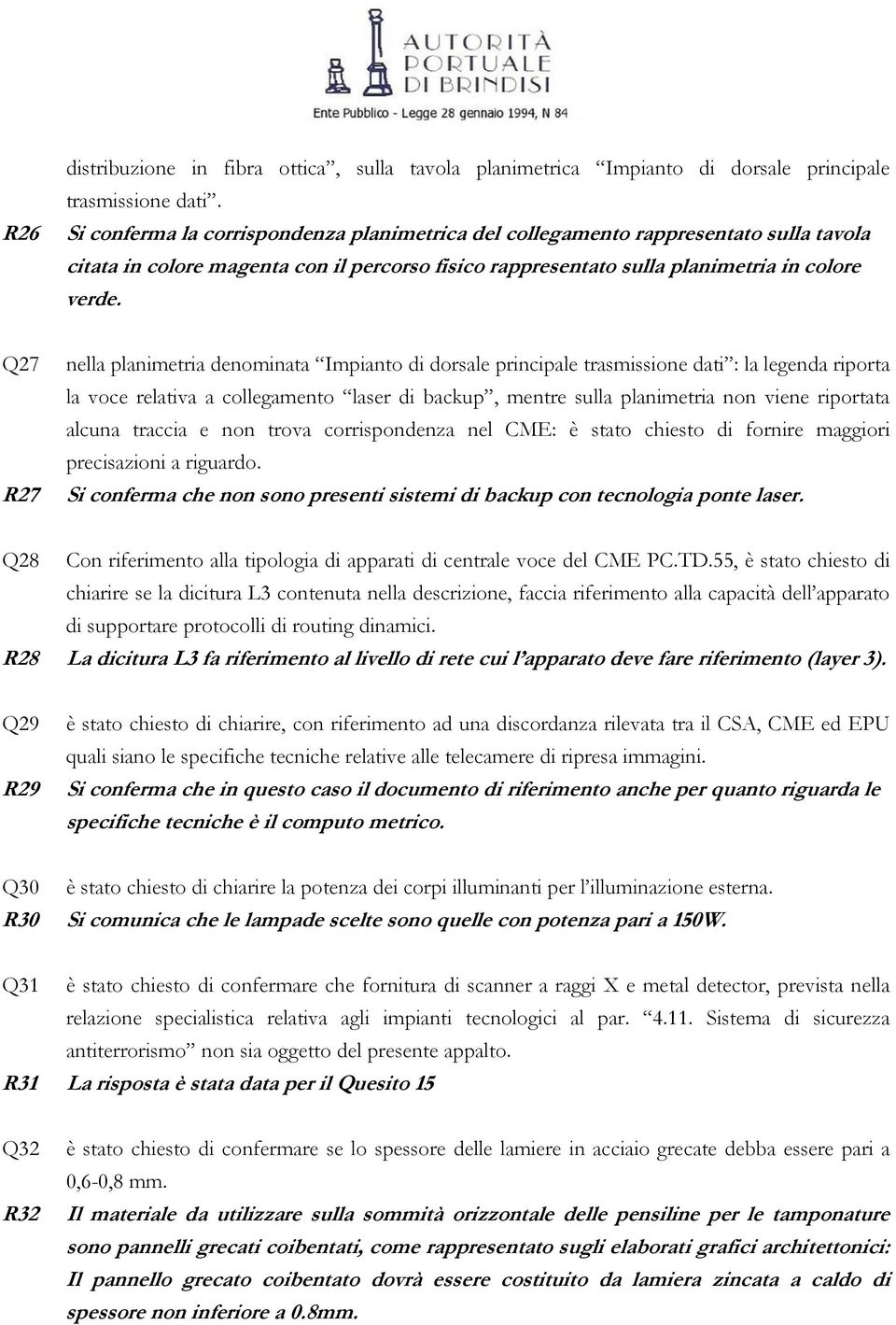 Q27 R27 nella planimetria denominata Impianto di dorsale principale trasmissione dati : la legenda riporta la voce relativa a collegamento laser di backup, mentre sulla planimetria non viene