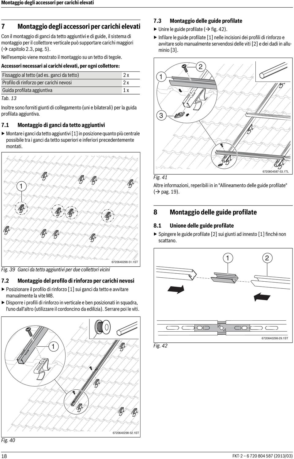 Accessori necessari ai carichi elevati, per ogni collettore: Fissaggio al tetto (ad es. ganci da tetto) Profilo di rinforzo per carichi nevosi Guida profilata aggiuntiva Tab.