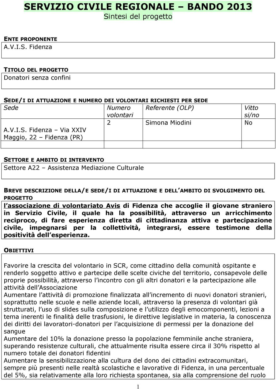 Fidenza Via XXIV Maggio, 22 Fidenza (PR) Numero Referente (OLP) Vitto volontari si/no 2 Simona Miodini No SETTORE E AMBITO DI INTERVENTO Settore A22 Assistenza Mediazione Culturale BREVE DESCRIZIONE