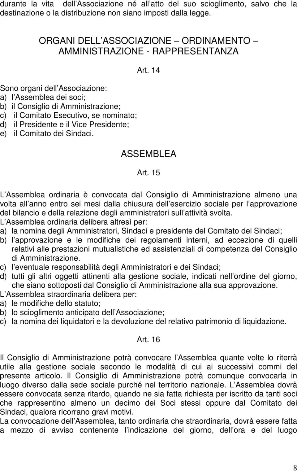 nominato; d) il Presidente e il Vice Presidente; e) il Comitato dei Sindaci. Art. 14 ASSEMBLEA Art.