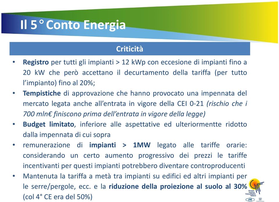 Budget limitato, inferiore alle aspettative ed ulteriormentte ridotto dalla impennata di cui sopra remunerazione di impianti > 1MW legato alle tariffe orarie: considerando un certo aumento