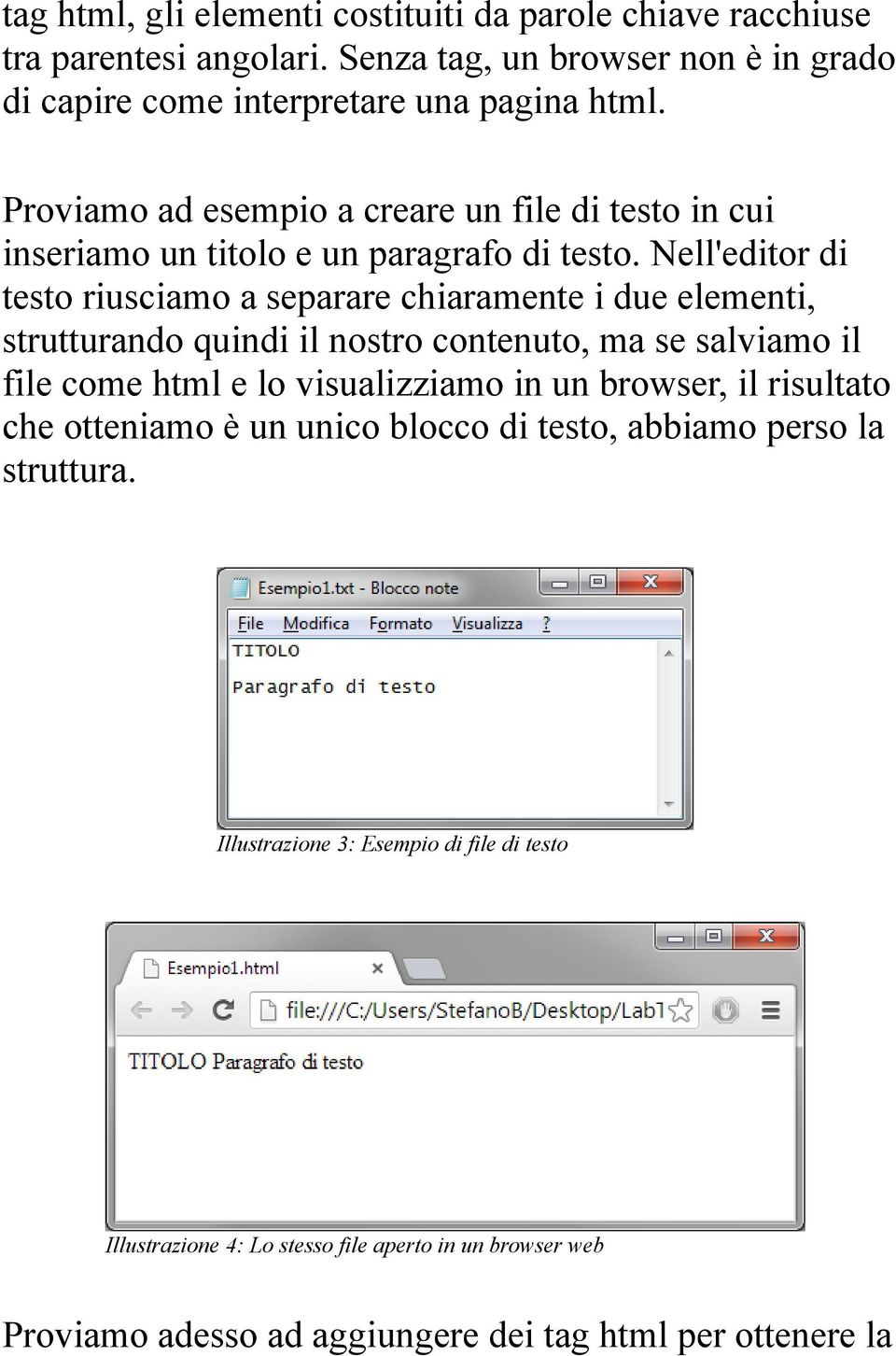 Nell'editor di testo riusciamo a separare chiaramente i due elementi, strutturando quindi il nostro contenuto, ma se salviamo il file come html e lo visualizziamo in un