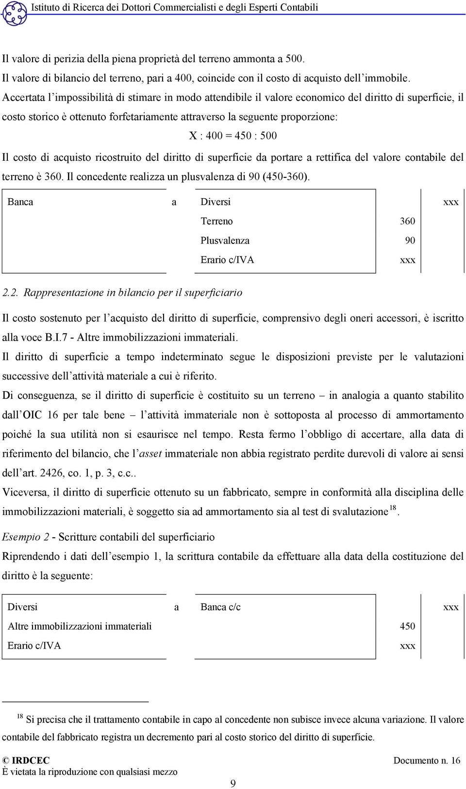 500 Il costo di acquisto ricostruito del diritto di superficie da portare a rettifica del valore contabile del terreno è 360. Il concedente realizza un plusvalenza di 90 (450-360).