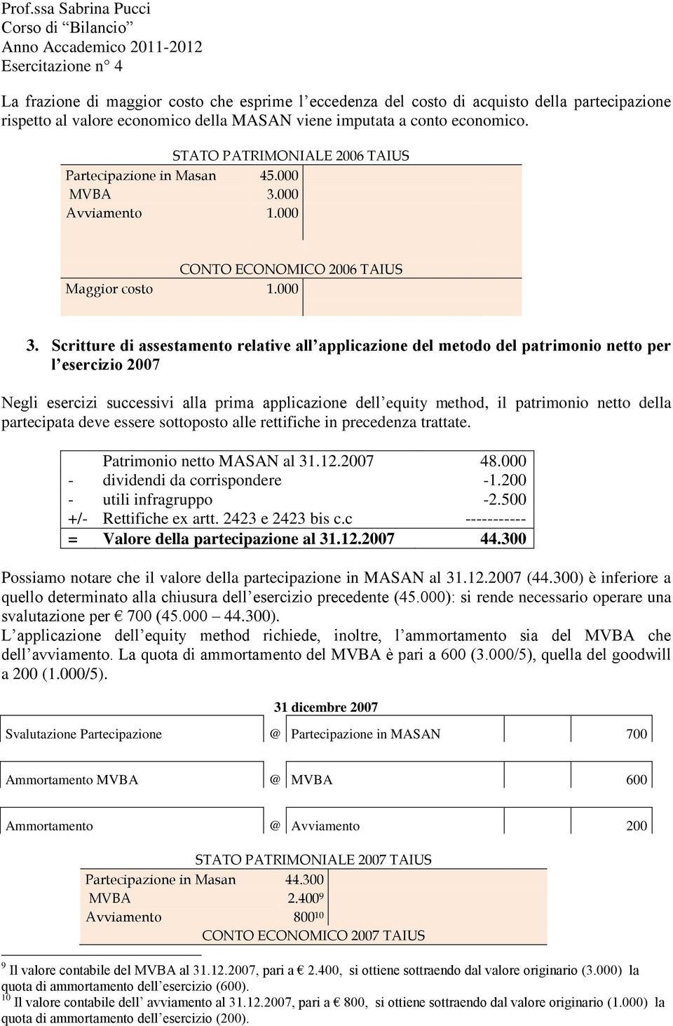 Scritture di assestamento relative all applicazione del metodo del patrimonio netto per l esercizio 2007 Negli esercizi successivi alla prima applicazione dell equity method, il patrimonio netto