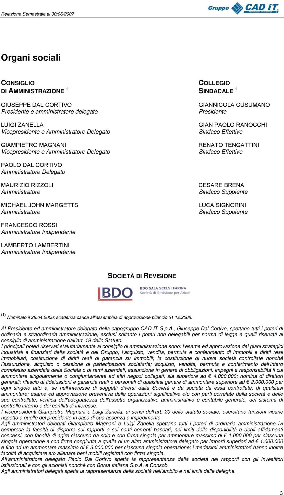 RIZZOLI Amministratore MICHAEL JOHN MARGETTS Amministratore CESARE BRENA Sindaco Supplente LUCA SIGNORINI Sindaco Supplente FRANCESCO ROSSI Amministratore Indipendente LAMBERTO LAMBERTINI