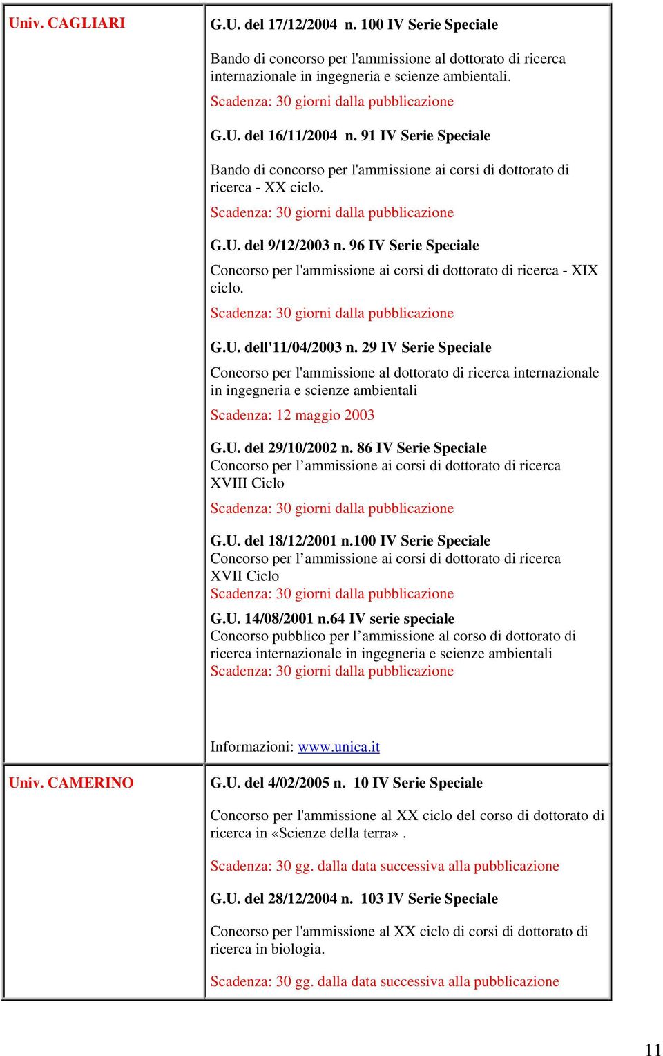 96 IV Serie Speciale Concorso per l'ammissione ai corsi di dottorato di ricerca - XIX ciclo. G.U. dell'11/04/2003 n.