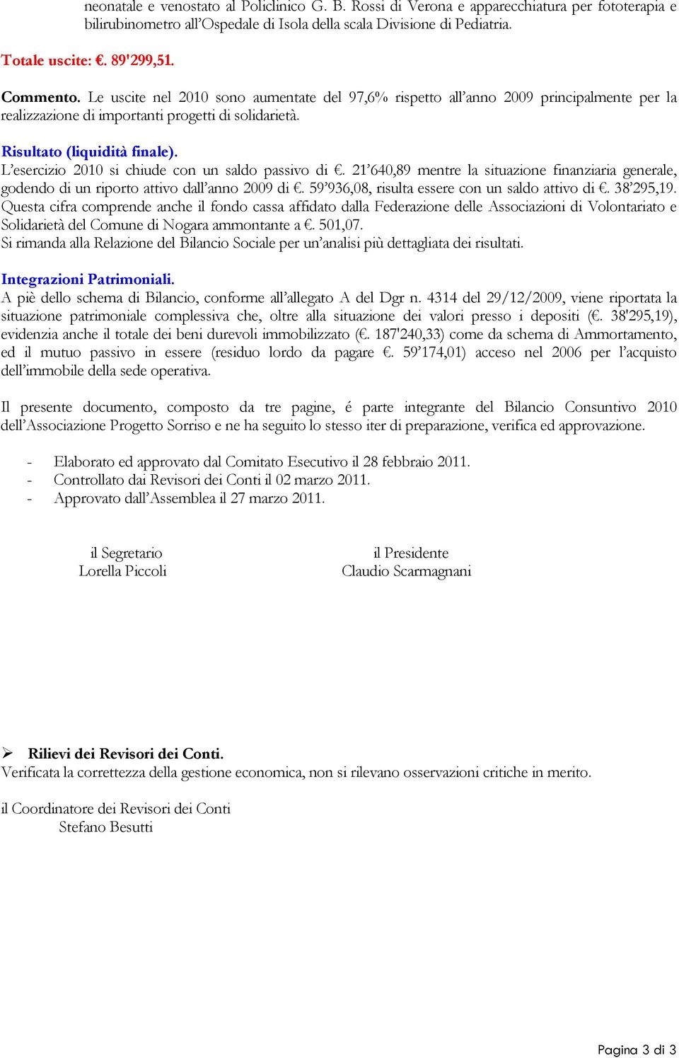 L esercizio 2010 si chiude con un saldo passivo di. 21 640,89 mentre la situazione finanziaria generale, godendo di un riporto attivo dall anno 2009 di.