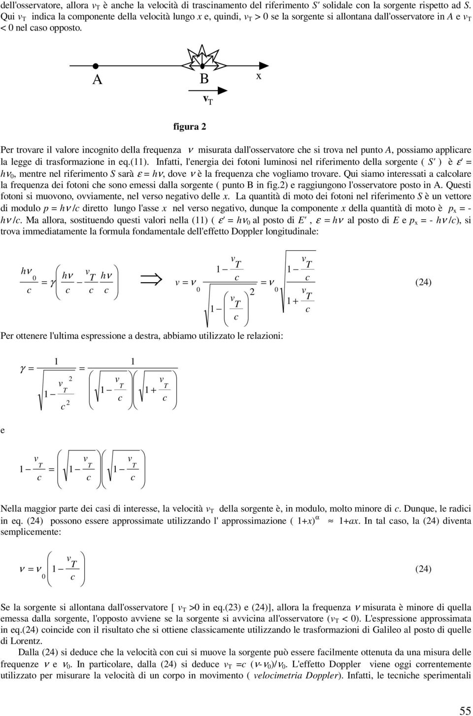 A B x figura Per troare il alore inognito della frequenza ν misurata dall'osseratore he si troa nel punto A, possiamo appliare la legge di trasformazione in eq.(11).