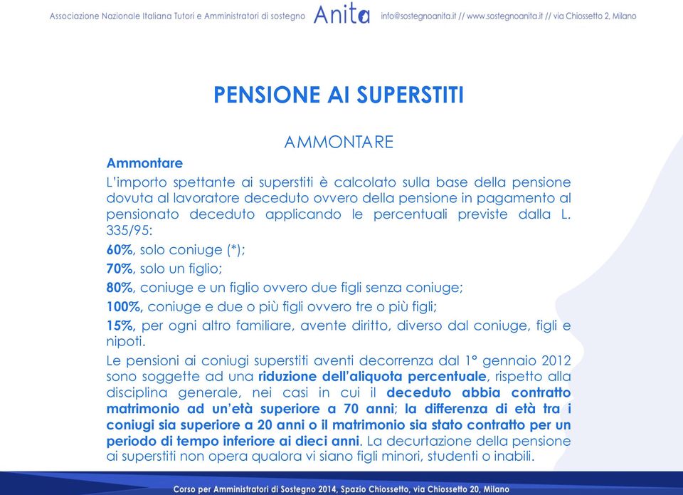 335/95: 60%, solo coniuge (*); 70%, solo un figlio; 80%, coniuge e un figlio ovvero due figli senza coniuge; 100%, coniuge e due o più figli ovvero tre o più figli; 15%, per ogni altro familiare,