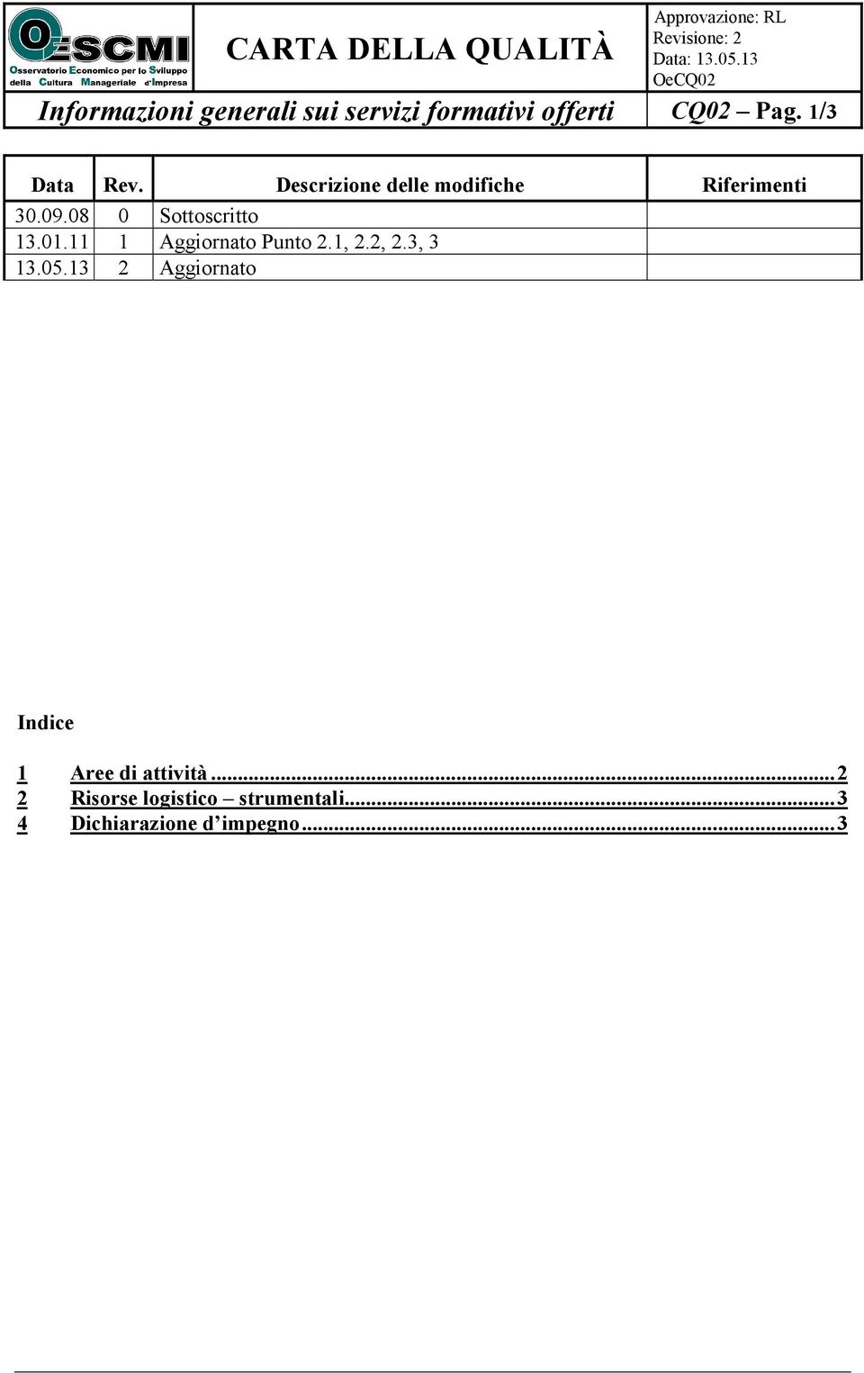 08 0 Sottoscritto 13.01.11 1 Aggiornato Punto 2.1, 2.2, 2.3, 3 13.05.