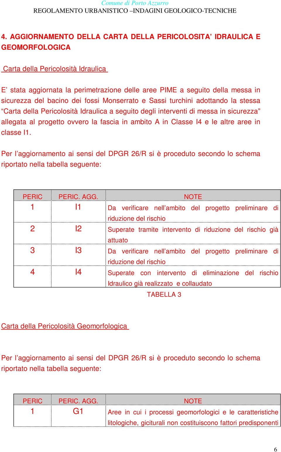 ambito A in Classe I4 e le altre aree in classe I1. Per l aggiornamento ai sensi del DPGR 26/R si è proceduto secondo lo schema riportato nella tabella seguente: PERIC PERIC. AGG.