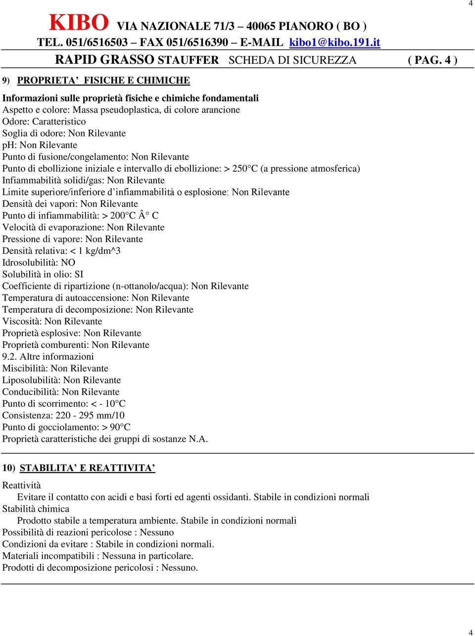 Non Rilevante ph: Non Rilevante Punto di fusione/congelamento: Non Rilevante Punto di ebollizione iniziale e intervallo di ebollizione: > 250 C (a pressione atmosferica) Infiammabilità solidi/gas: