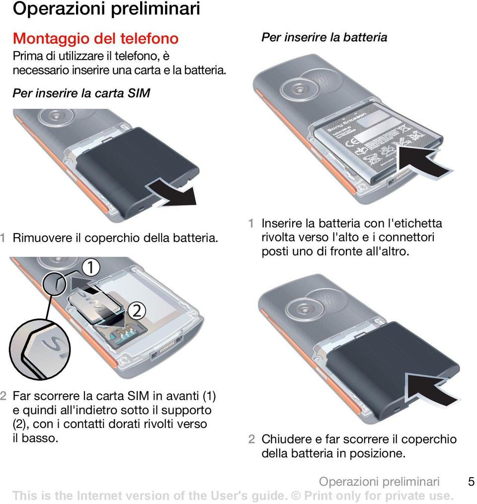 2 Far scorrere la carta SIM in avanti (1) e quindi all'indietro sotto il supporto (2), con i contatti dorati rivolti verso il basso.