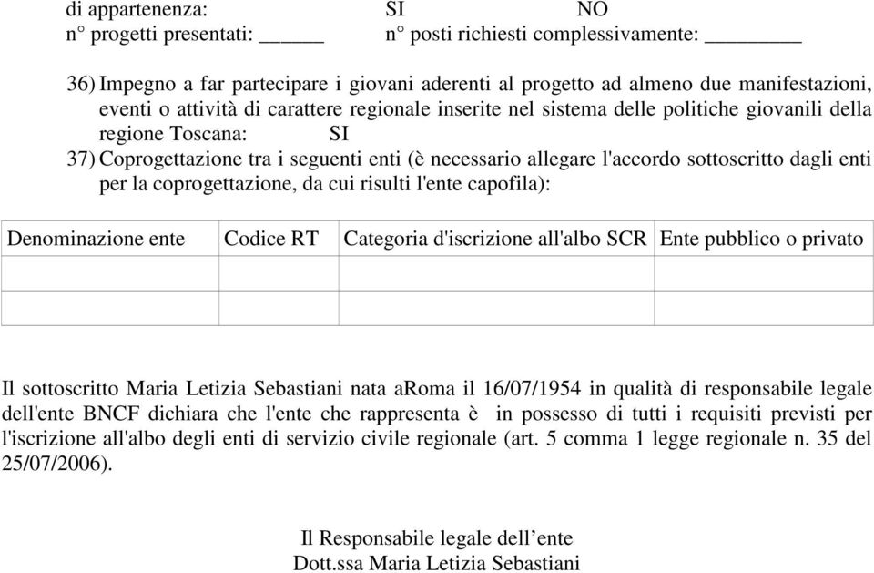 coprogettazione, da cui risulti l'ente capofila): Denominazione ente Codice RT Categoria d'iscrizione all'albo SCR Ente pubblico o privato Il sottoscritto Maria Letizia Sebastiani nata aroma il