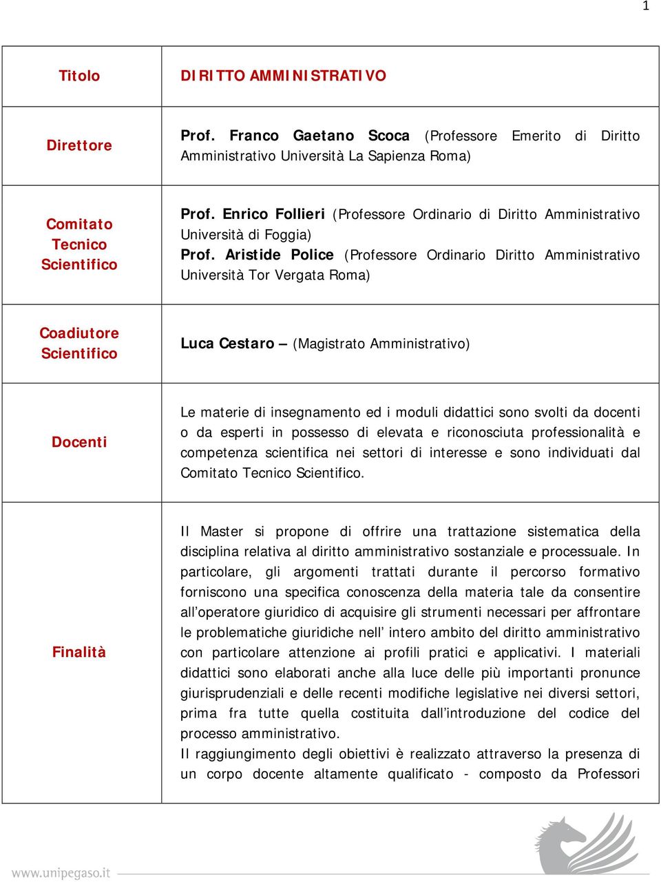 Aristide Police (Professore Ordinario Diritto Amministrativo Università Tor Vergata Roma) Coadiutore Scientifico Luca Cestaro (Magistrato Amministrativo) Docenti Le materie di insegnamento ed i