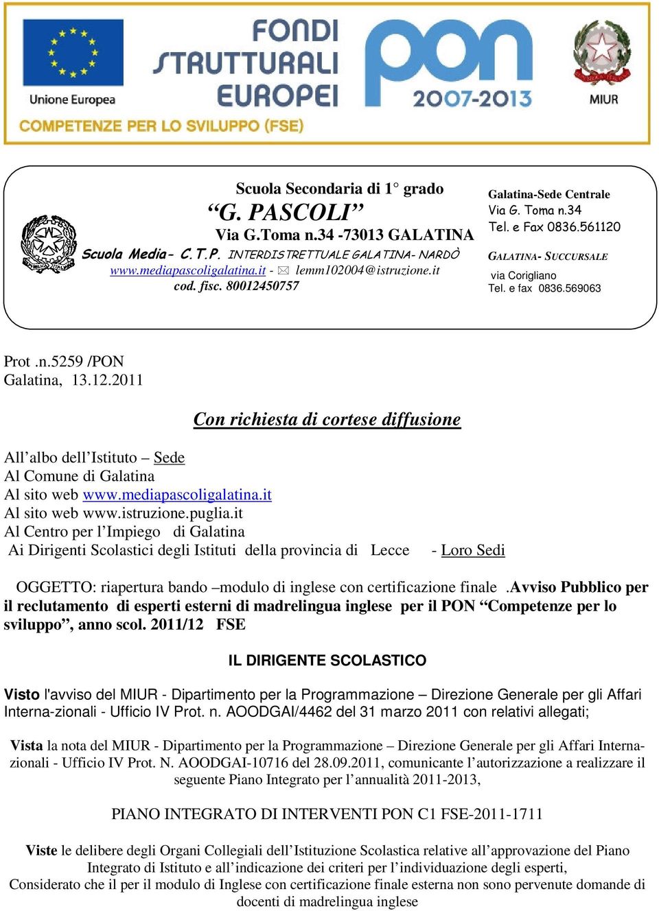 mediapascoligalatina.it Al sito web www.istruzione.puglia.