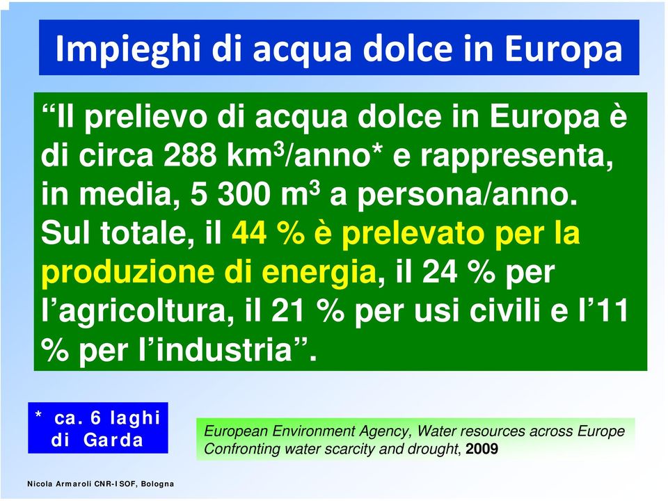 Sul totale, il 44 % è prelevato per la produzione di energia, il 24 % per l agricoltura, il 21 % per