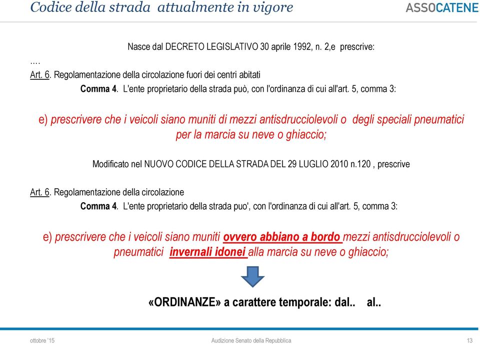 5, comma 3: e) prescrivere che i veicoli siano muniti di mezzi antisdrucciolevoli o degli speciali pneumatici per la marcia su neve o ghiaccio; Modificato nel NUOVO CODICE DELLA STRADA DEL 29 LUGLIO