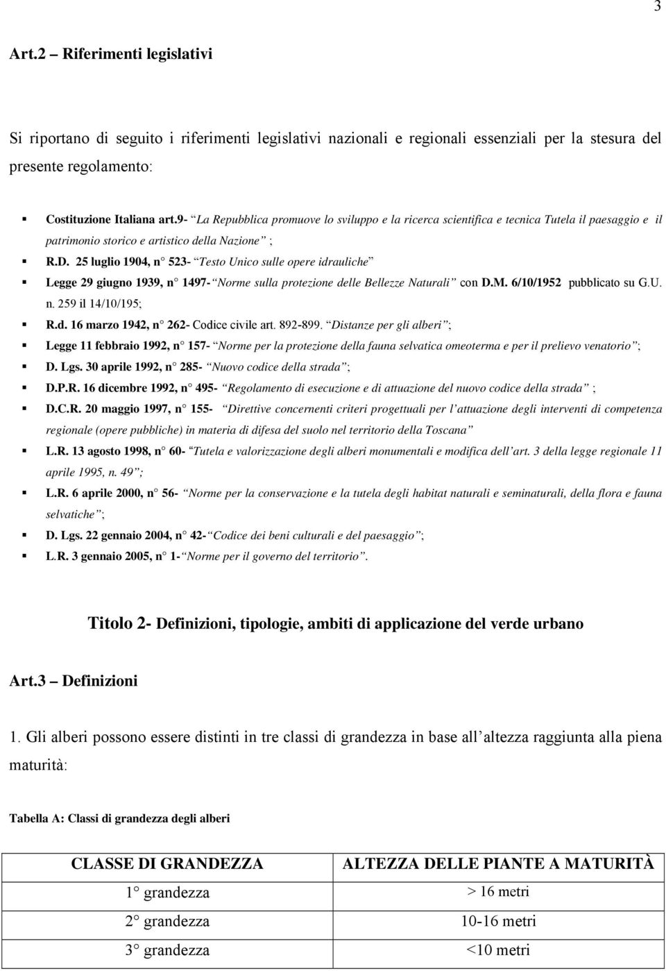 25 luglio 1904, n 523- Testo Unico sulle opere idrauliche Legge 29 giugno 1939, n 1497- Norme sulla protezione delle Bellezze Naturali con D.M. 6/10/1952 pubblicato su G.U. n. 259 il 14/10/195; R.d. 16 marzo 1942, n 262- Codice civile art.