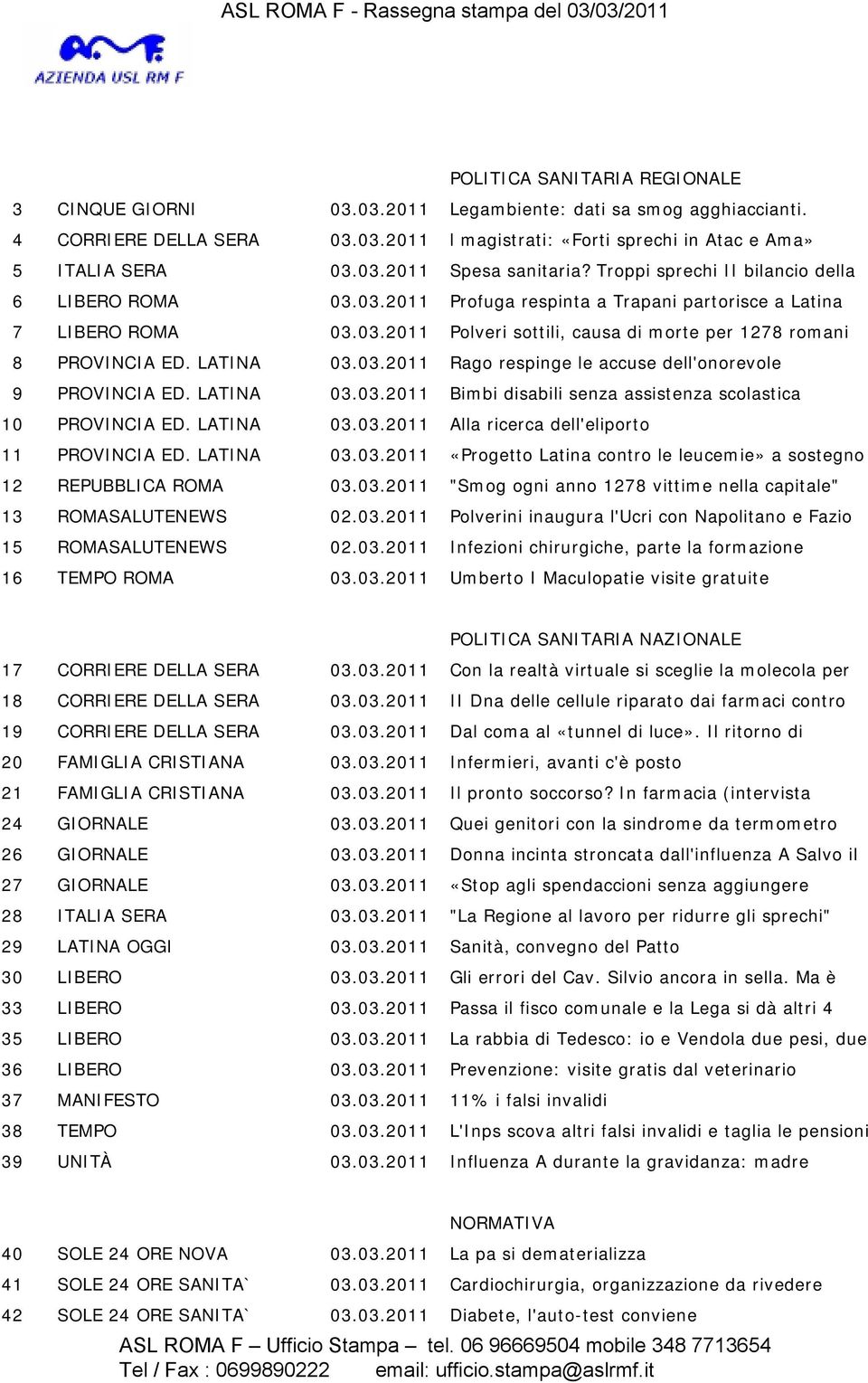 LATINA 03.03.2011 Rago respinge le accuse dell'onorevole 9 PROVINCIA ED. LATINA 03.03.2011 Bimbi disabili senza assistenza scolastica 10 PROVINCIA ED. LATINA 03.03.2011 Alla ricerca dell'eliporto 11 PROVINCIA ED.