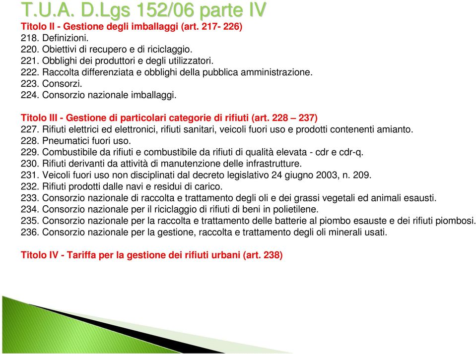 Rifiuti elettrici ed elettronici, rifiuti sanitari, veicoli fuori uso e prodotti contenenti amianto. 228. Pneumatici fuori uso. 229.