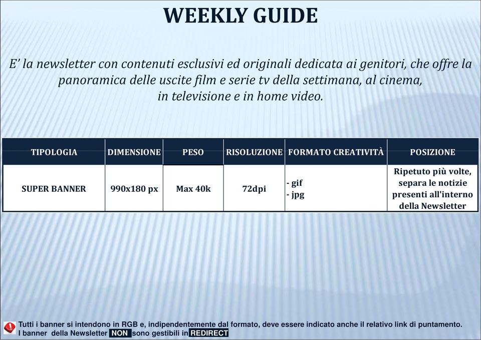 TIPOLOGIA DIMENSIONE PESO RISOLUZIONE FORMATO CREATIVITÀ POSIZIONE SUPER BANNER 990x180 px Max 40k 72dpi Ripetuto più volte, separa le notizie