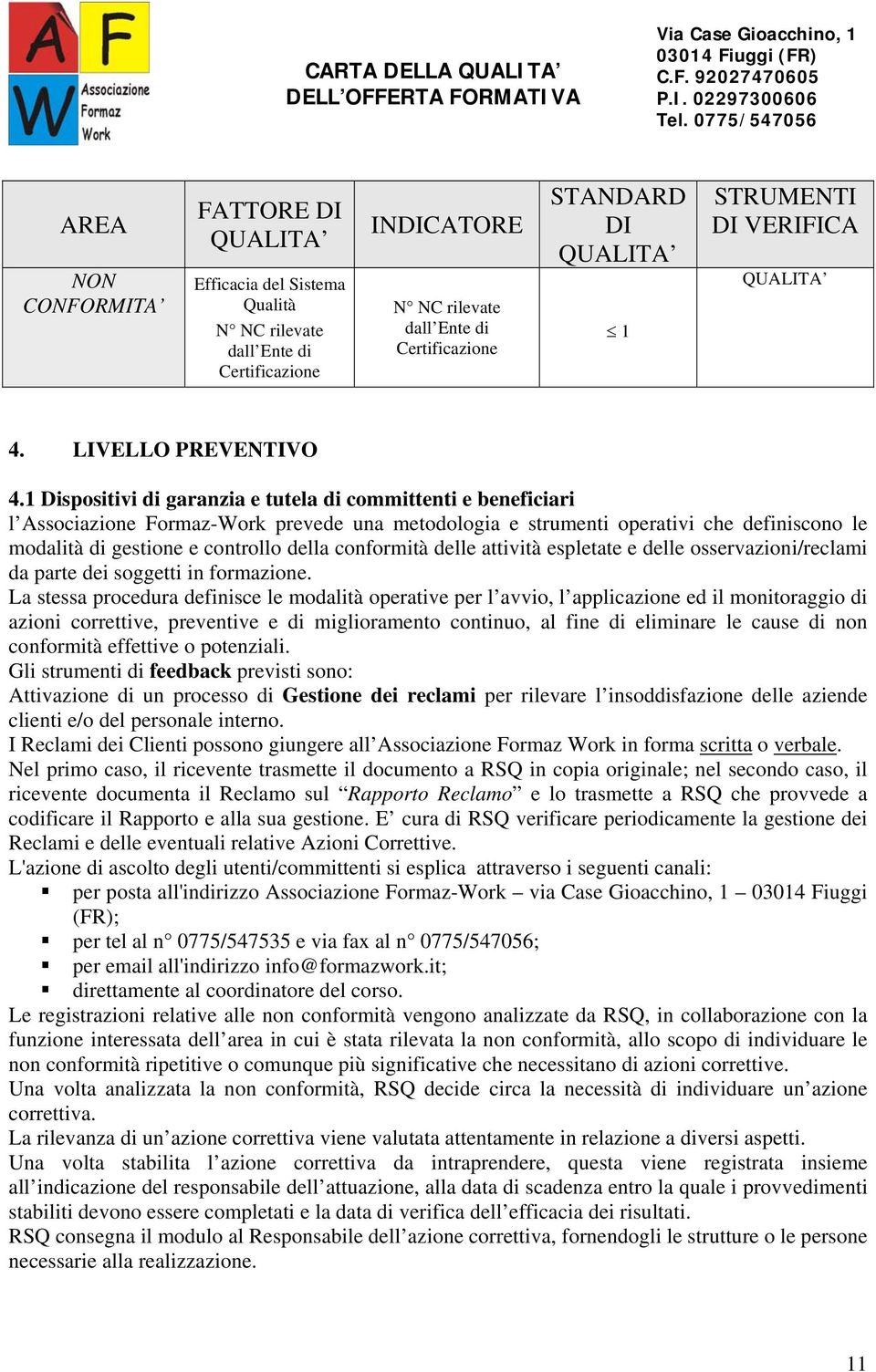 1 Dispositivi di garanzia e tutela di committenti e beneficiari l Associazione Formaz-Work prevede una metodologia e strumenti operativi che definiscono le modalità di gestione e controllo della