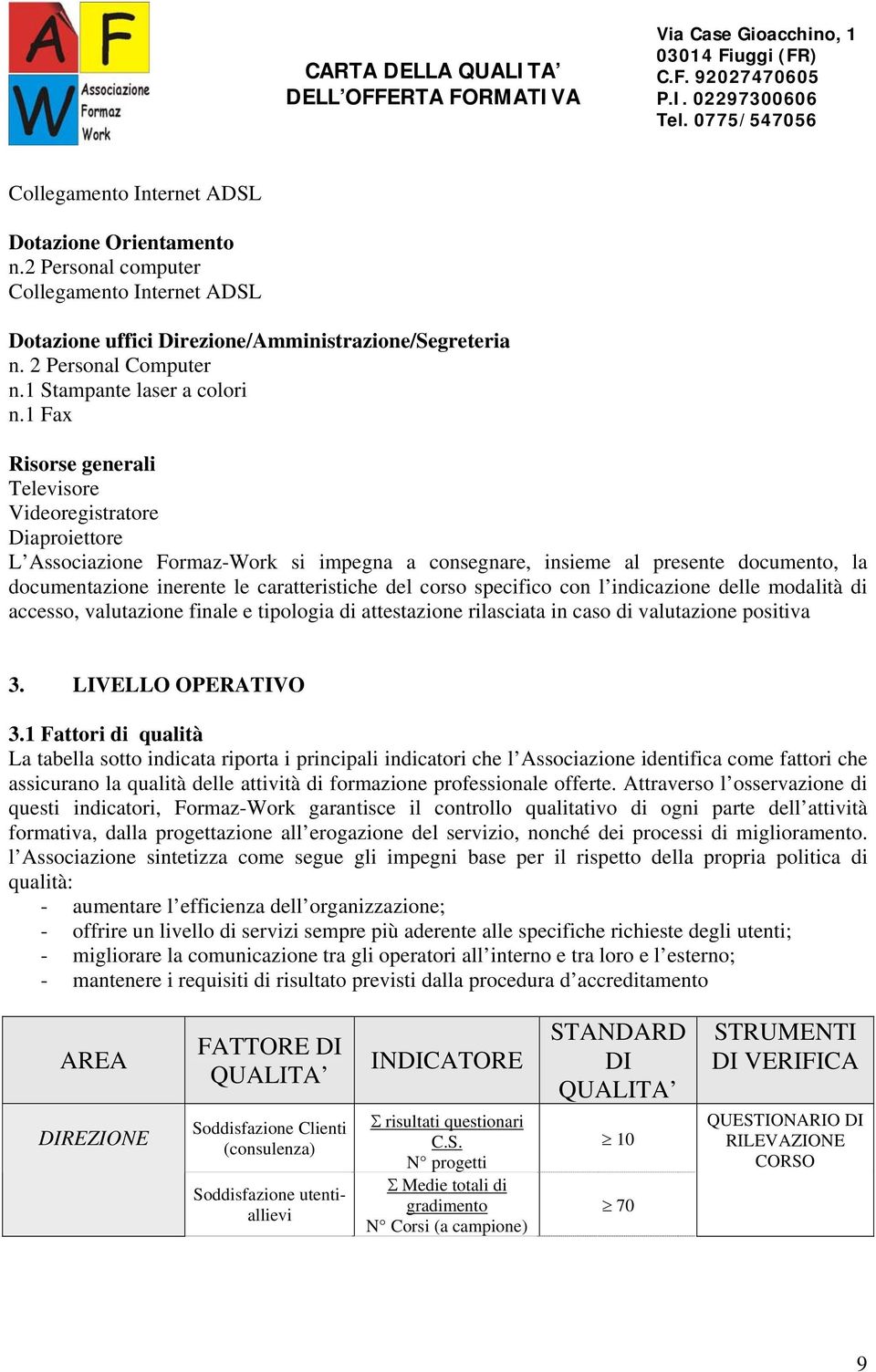 1 Fax Risorse generali Televisore Videoregistratore Diaproiettore L Associazione Formaz-Work si impegna a consegnare, insieme al presente documento, la documentazione inerente le caratteristiche del