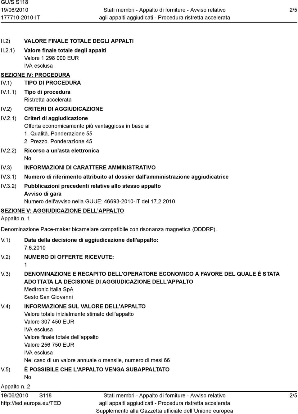 Ponderazione 45 Ricorso a un'asta elettronica INFORMAZIONI DI CARATTERE AMMINISTRATIVO Numero di riferimento attribuito al dossier dall'amministrazione aggiudicatrice Pubblicazioni precedenti