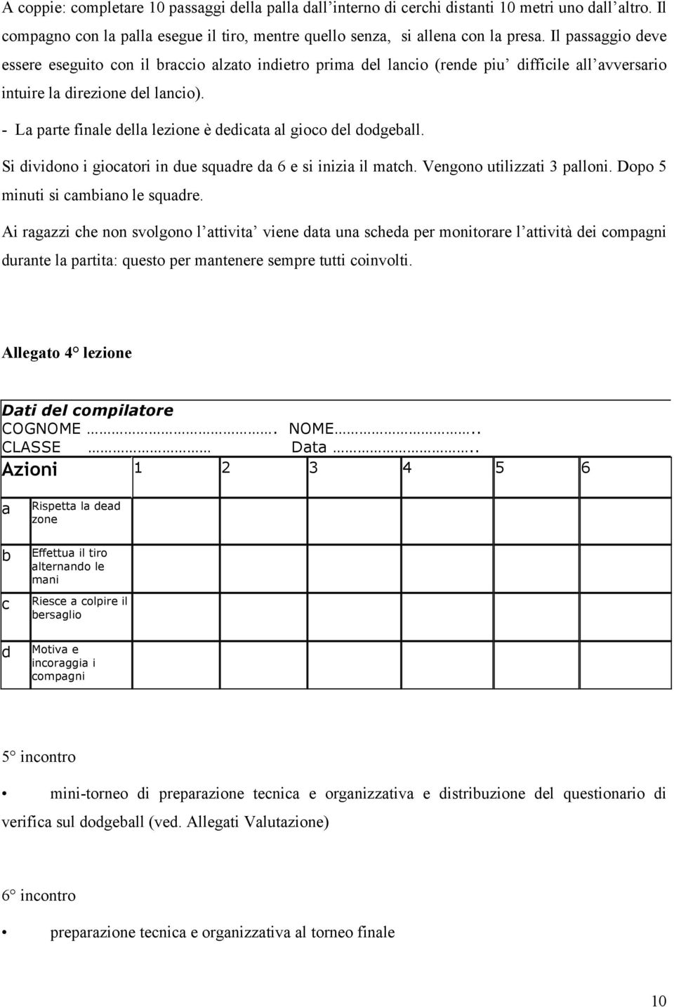 - La parte finale della lezione è dedicata al gioco del dodgeball. Si dividono i giocatori in due squadre da 6 e si inizia il match. Vengono utilizzati 3 palloni. Dopo 5 minuti si cambiano le squadre.