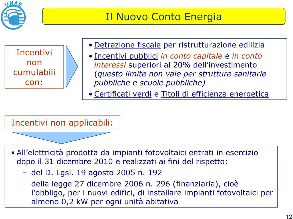 applicabili: All elettricità prodotta da impianti fotovoltaici entrati in esercizio dopo il 31 dicembre 2010 e realizzati ai fini del rispetto: - del D. Lgsl.