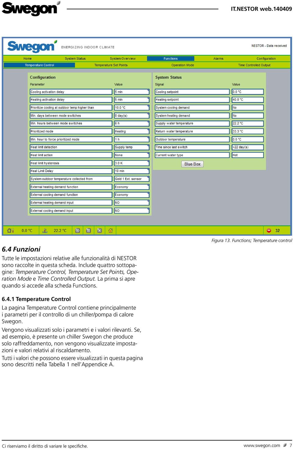 Functions; Temperature control 6.4.1 Temperature Control La pagina Temperature Control contiene principalmente i parametri per il controllo di un chiller/pompa di calore Swegon.