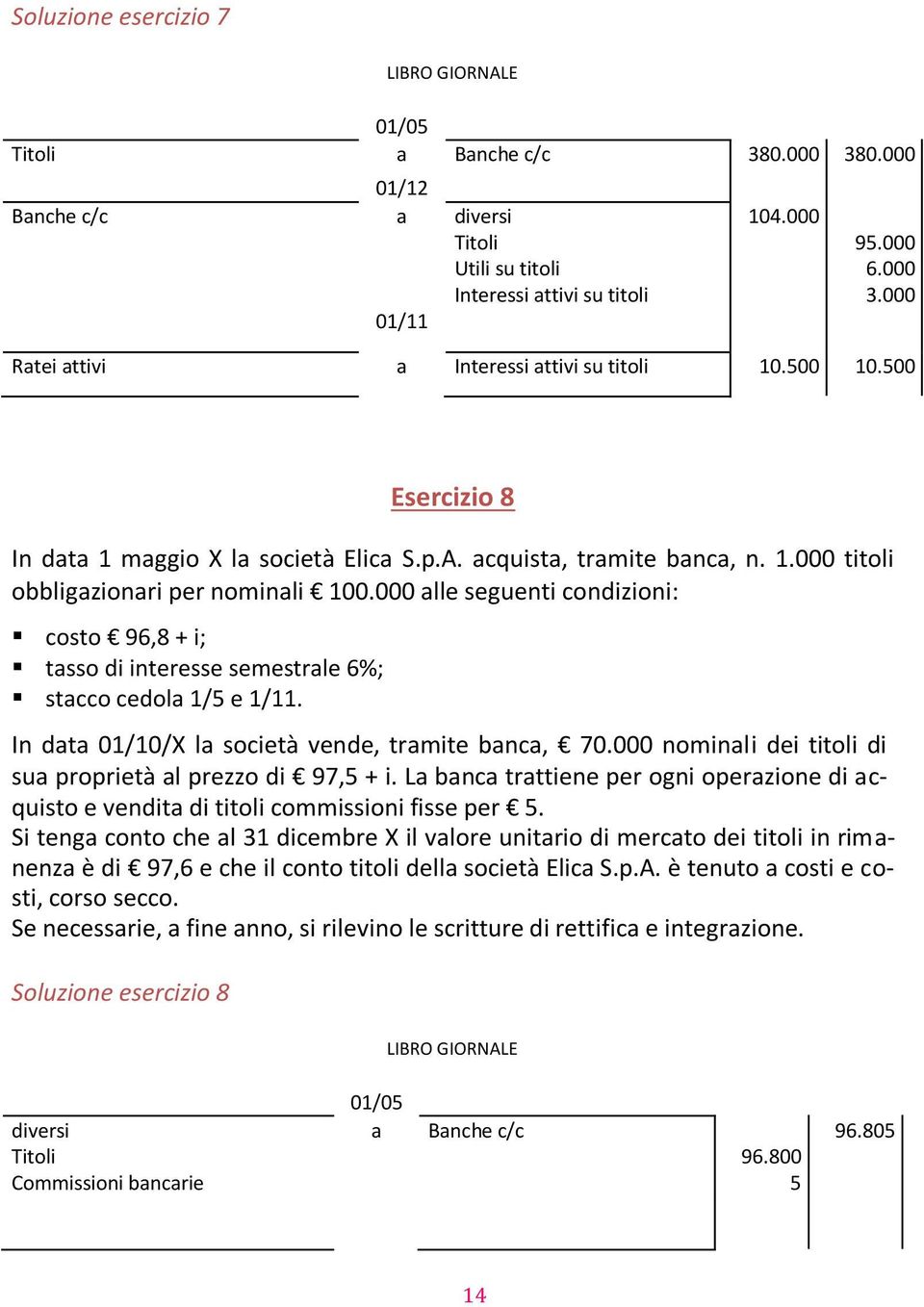 000 lle seguenti condizioni: costo 96,8 + i; tsso di interesse semestrle 6%; stcco cedol 1/5 e 1/11. In dt 01/10/X l società vende, trmite bnc, 70.