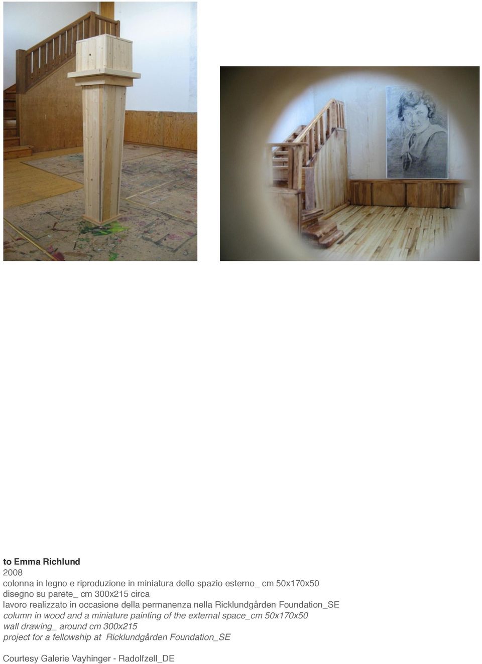 Foundation_SE column in wood and a miniature painting of the external space_cm 50x170x50 wall drawing_