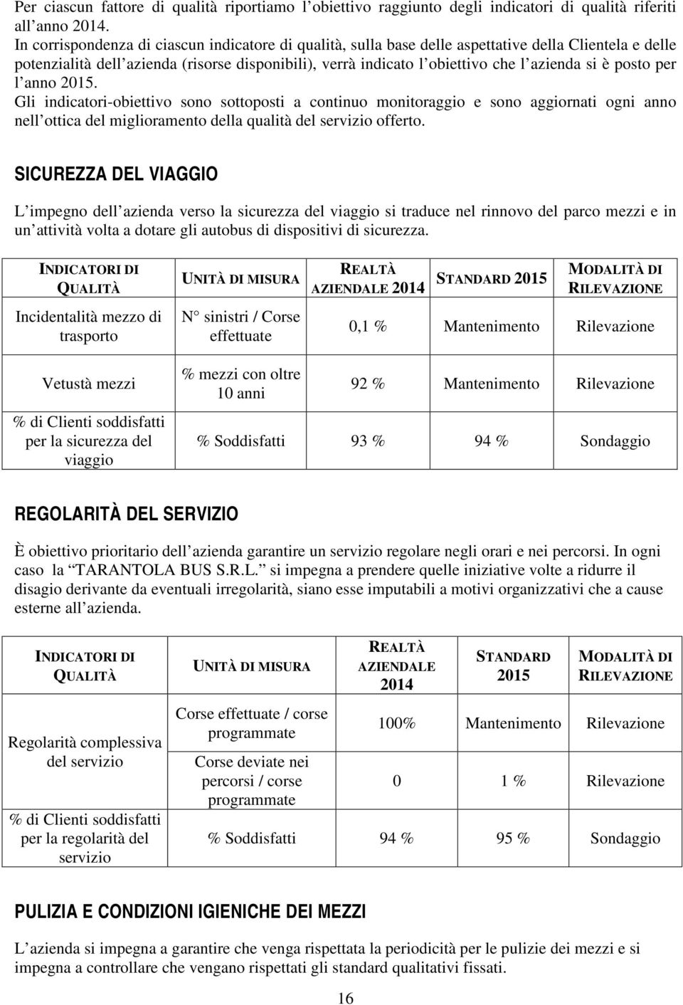 posto per l anno 2015. Gli indicatori-obiettivo sono sottoposti a continuo monitoraggio e sono aggiornati ogni anno nell ottica del miglioramento della qualità del servizio offerto.