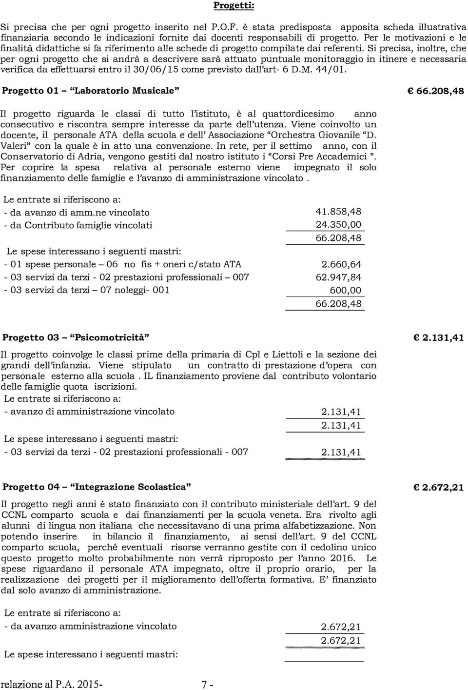 Si precisa, inoltre, che per ogni progetto che si andrà a descrivere sarà attuato puntuale monitoraggio in itinere e necessaria verifica da effettuarsi entro il 30/06/ 15 come previsto dall'art- 6 D.